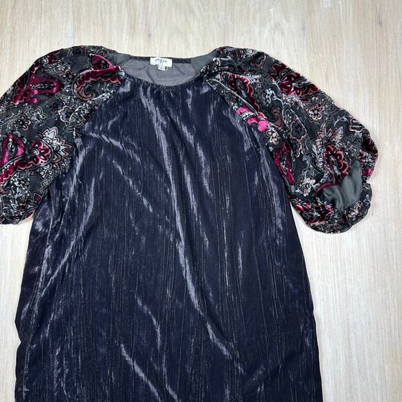 Umgee Floral Burnout Velvet Shift Puff Sleeve Boho Fairy Chic Goth Dress Small - Picture 2 of 14
